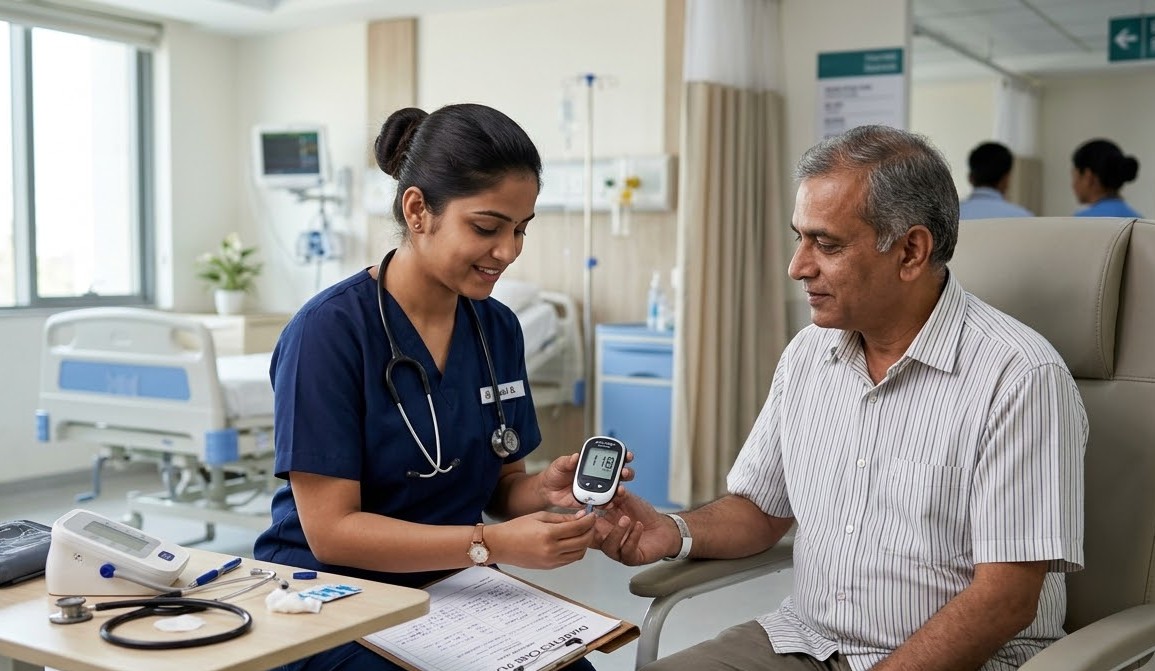 Home nurse checking on an elderly diabetic patient in Gurgaon