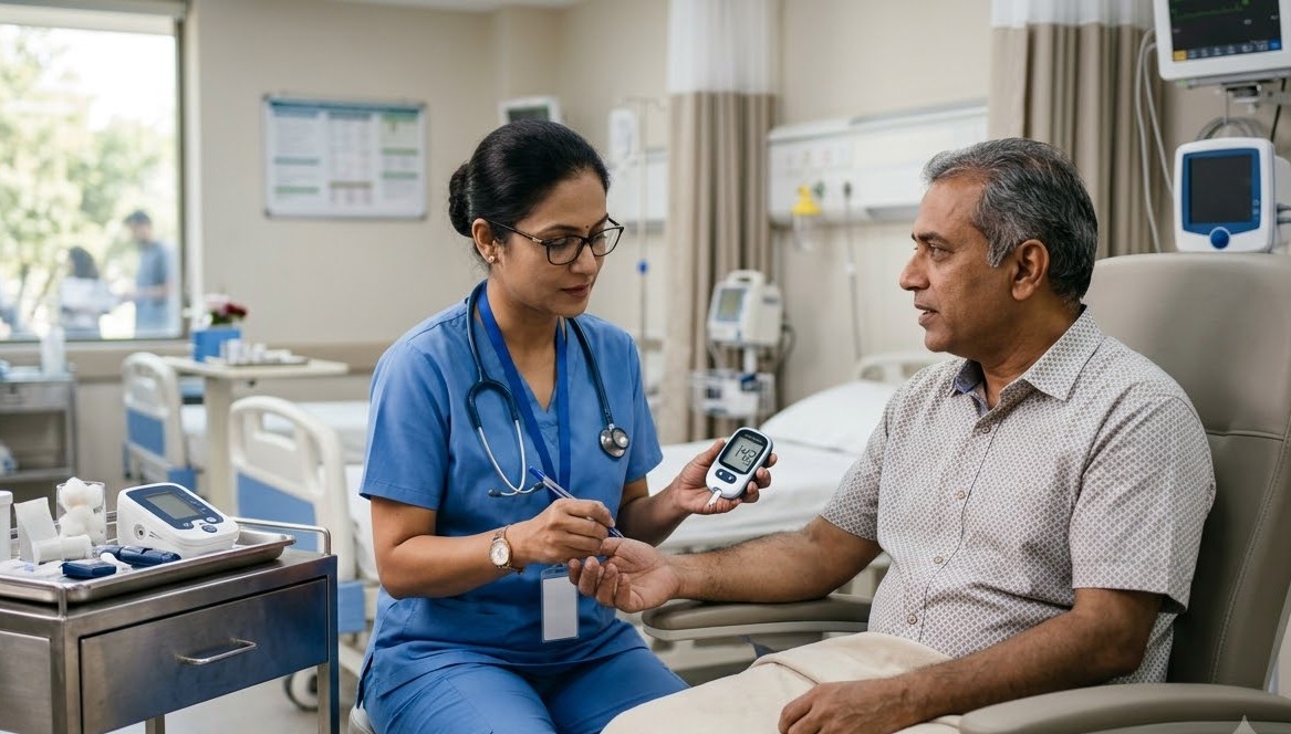 Nurse reviewing a diabetes care plan and glucose log at home