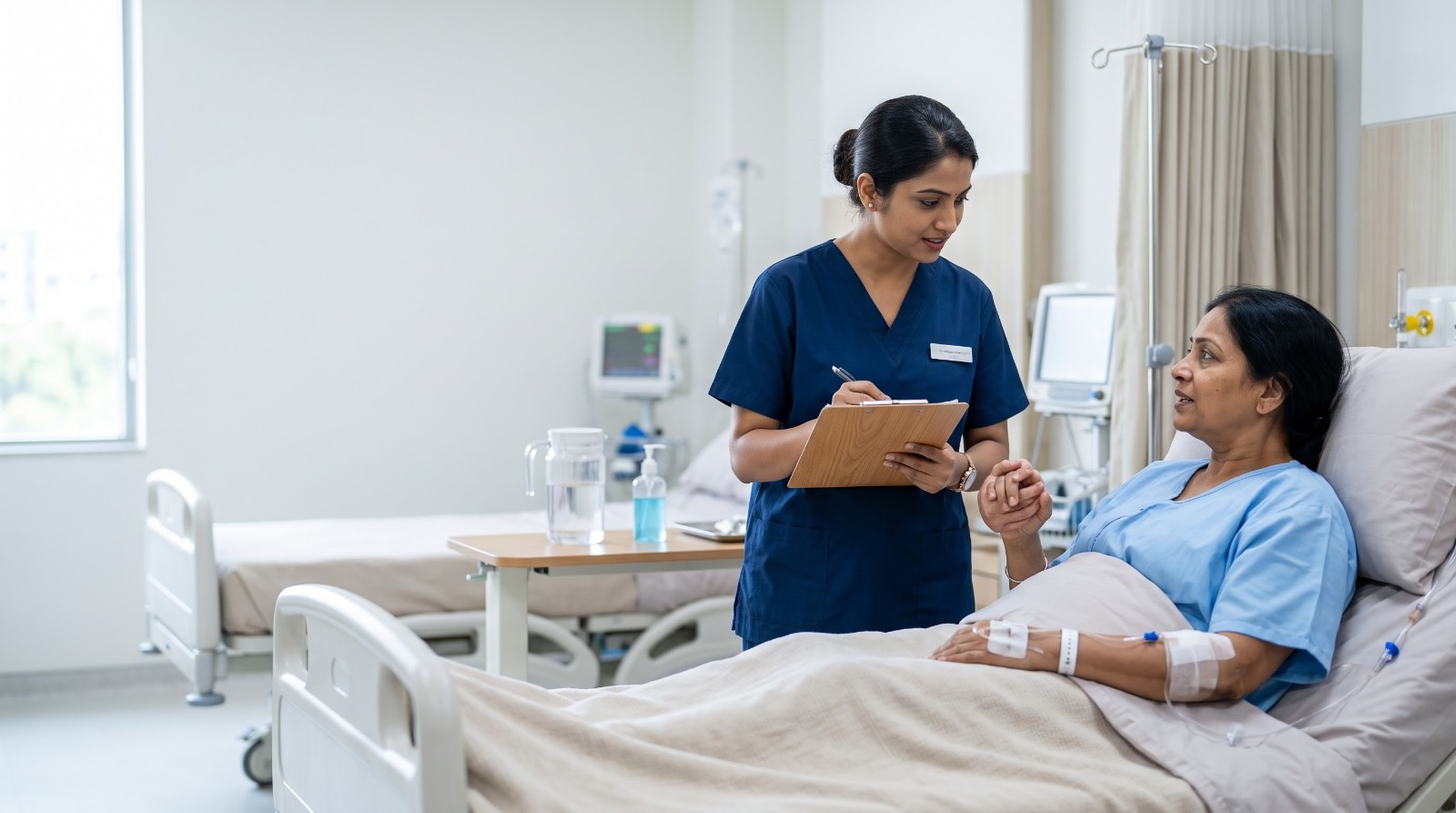 Home nurse assessing an elderly patient's pain at home