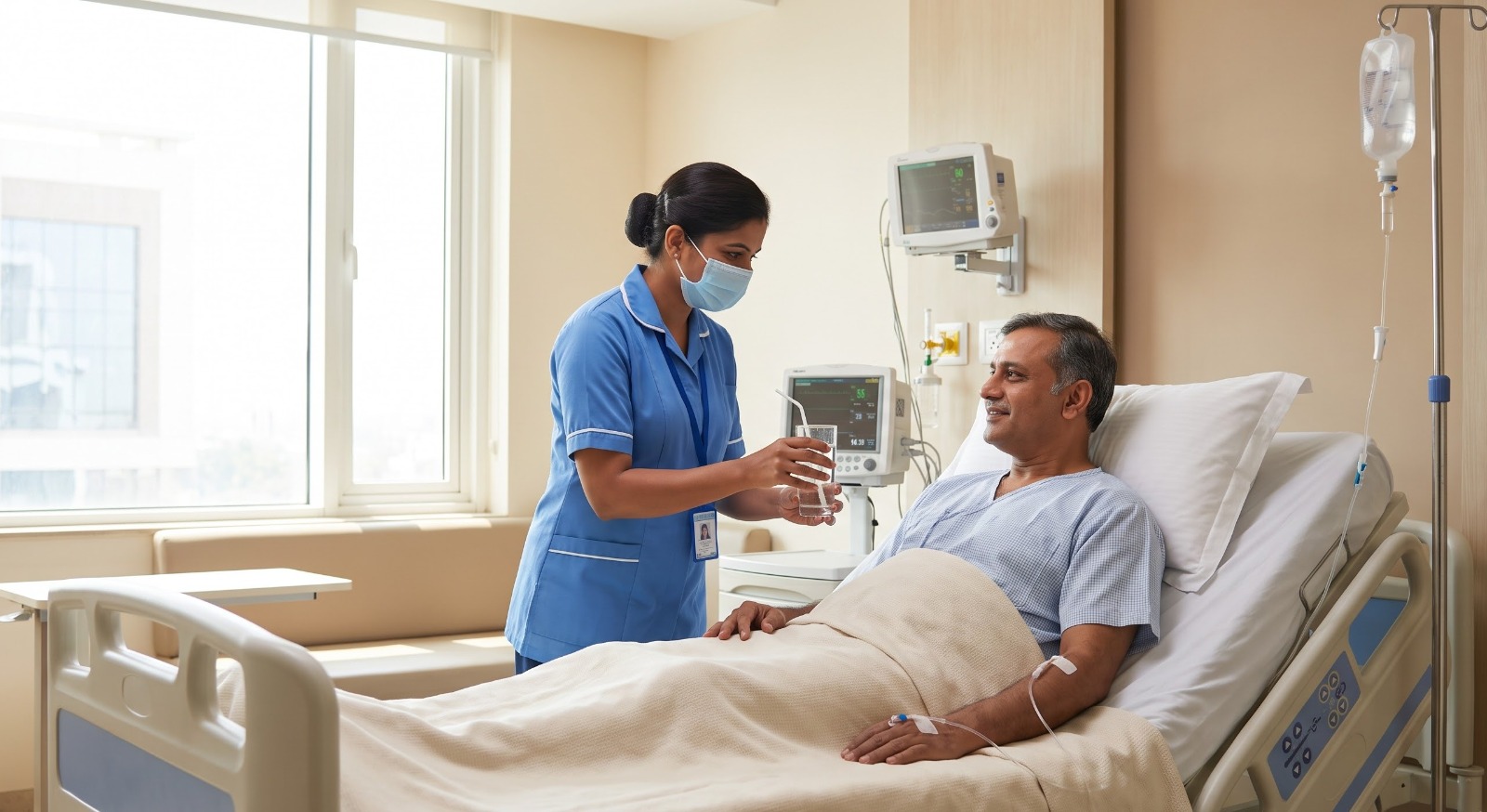 Home nurse caring for a patient recovering from malaria in a hospital bed
