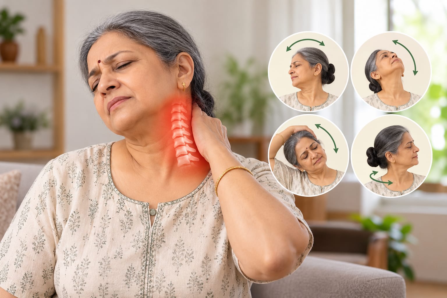 Older woman holding her neck in pain, with inset images showing four gentle neck range-of-motion exercises