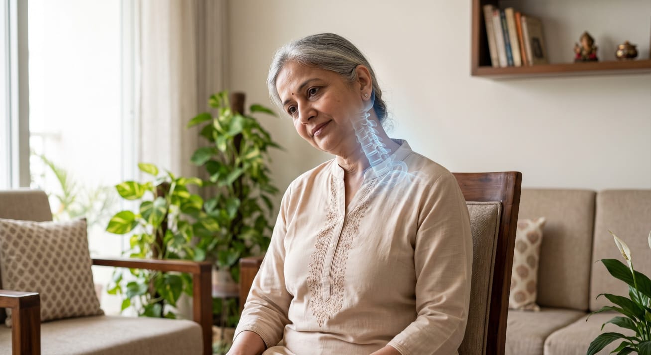Older woman sitting calmly at home, with her neck highlighted to show the area affected by cervical spondylosis