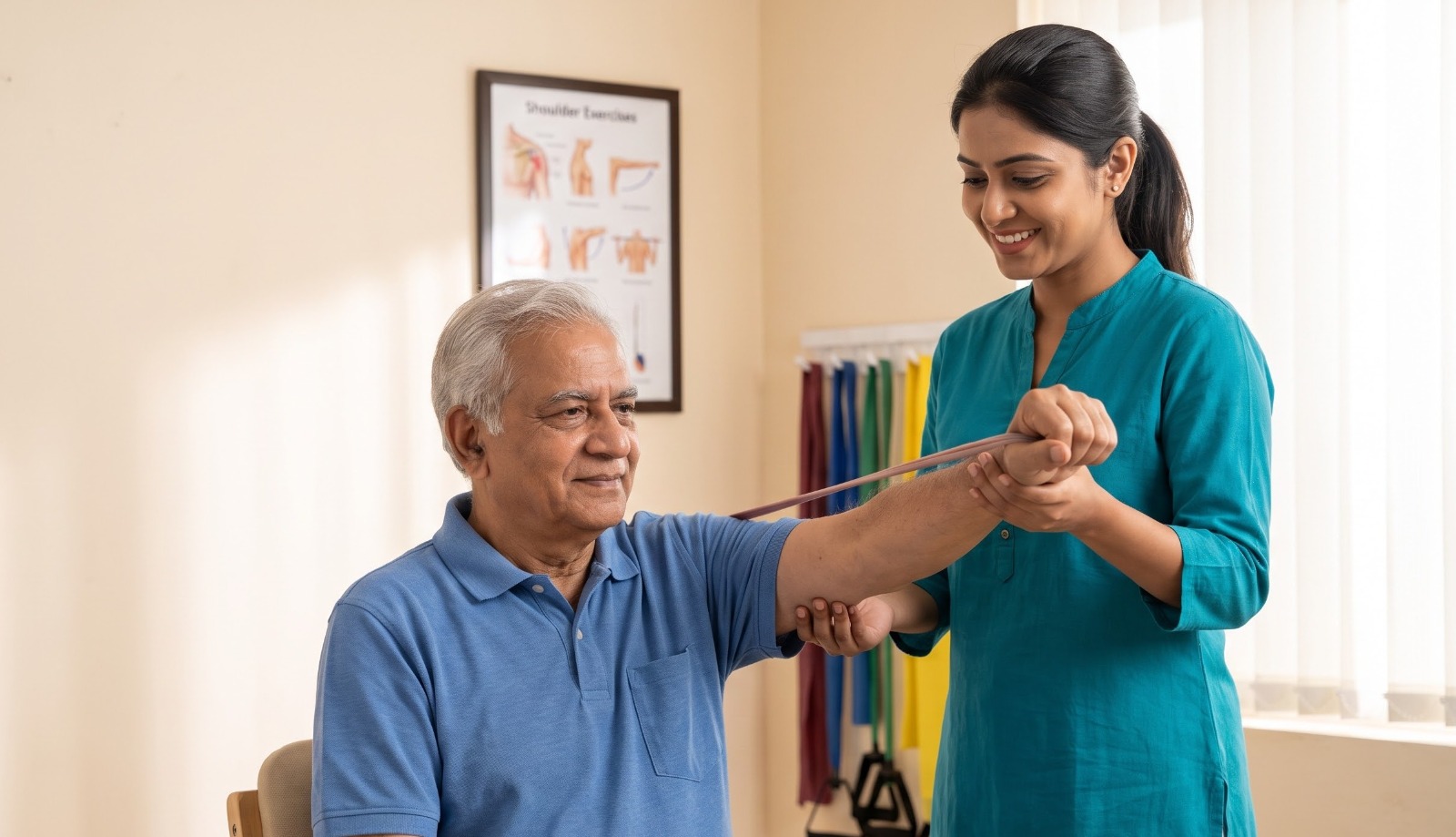 Physiotherapist using a resistance band to guide a patient's shoulder exercise, with a shoulder exercises poster on the wall behind