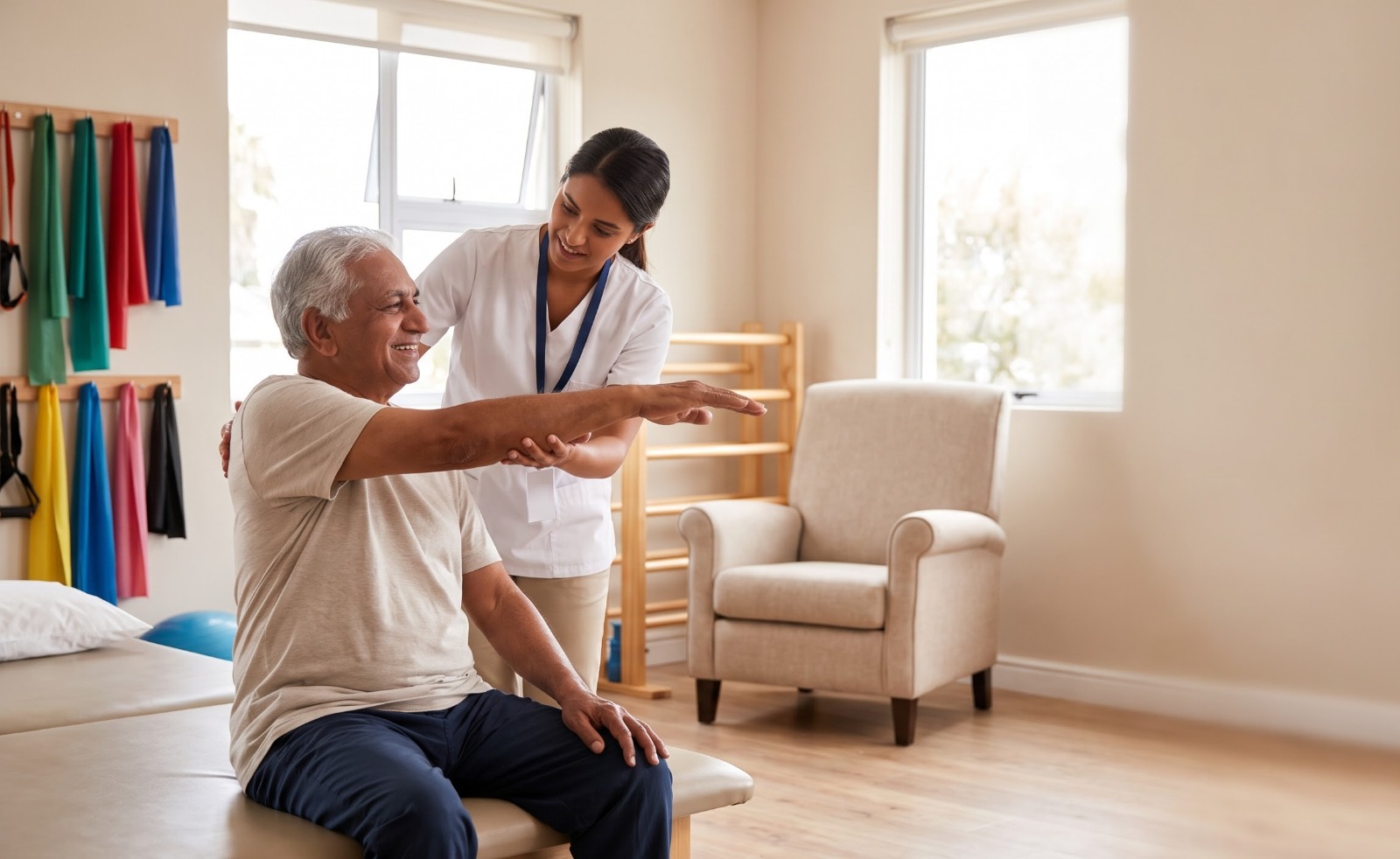 Physiotherapist guiding a patient through a shoulder range-of-motion exercise