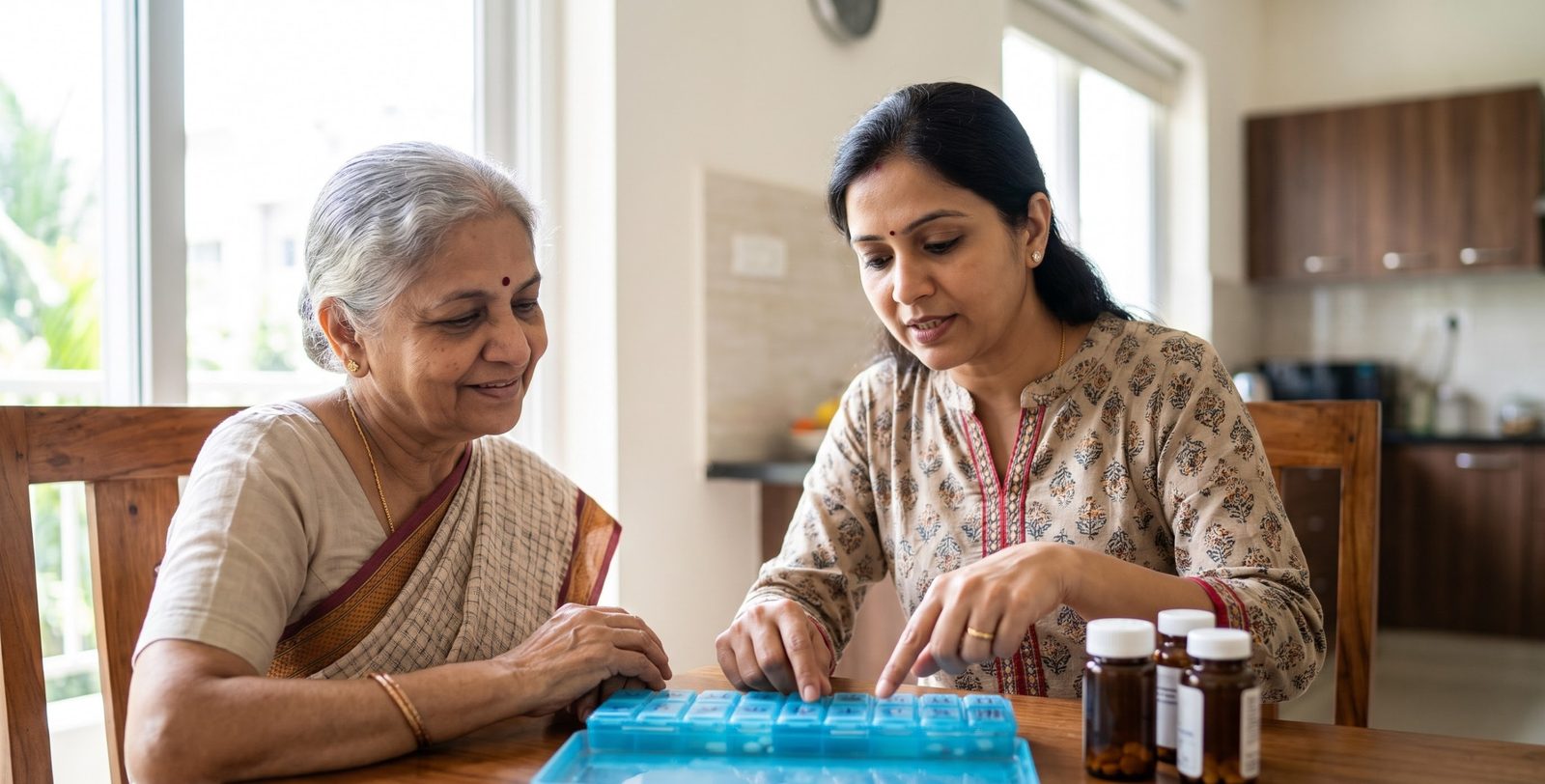 Daughter helping her elderly mother organise medicines in a pill box at home
