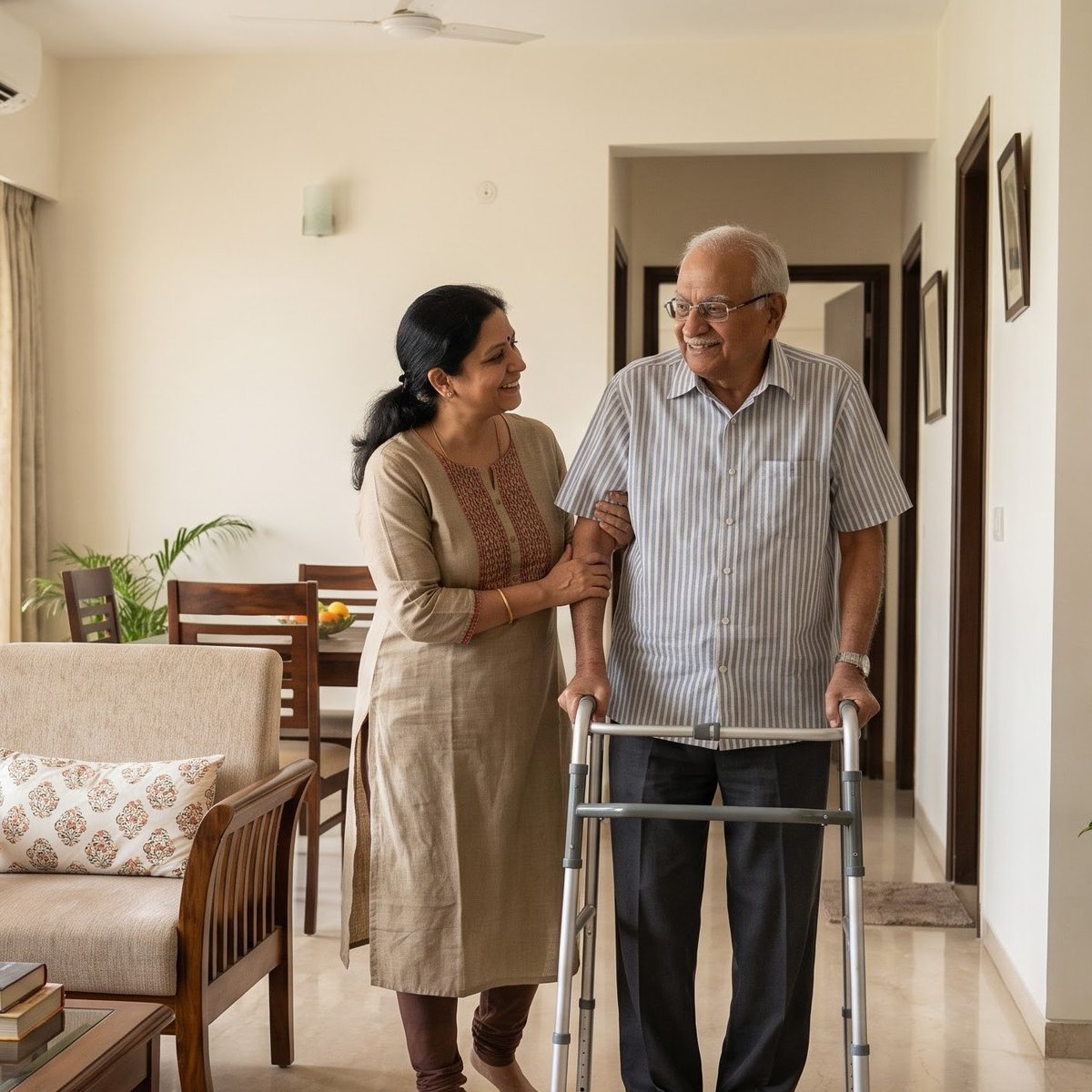 Daughter helping her elderly father walk safely at home with a walker