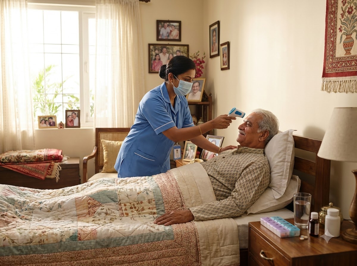 Home nurse checking an elderly patient's temperature in bed