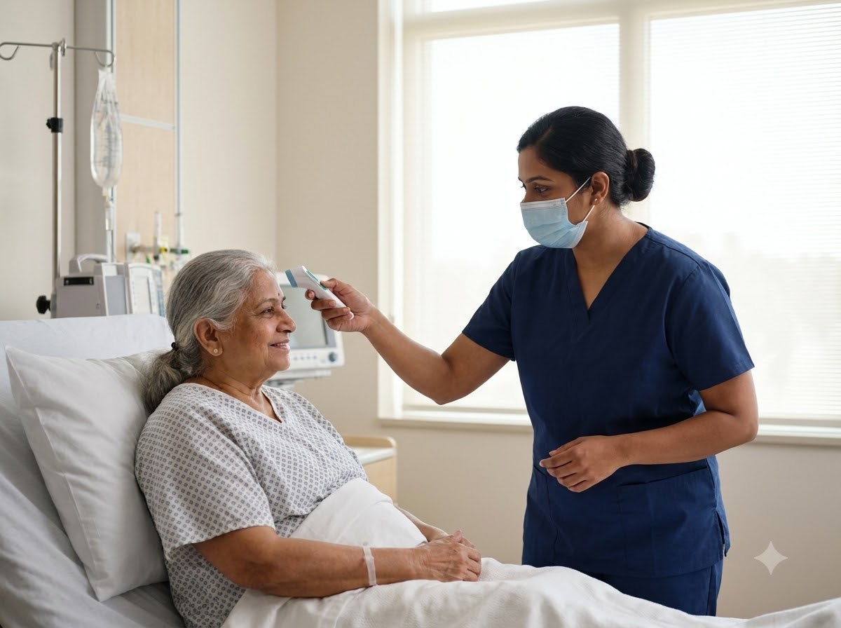 Family caregiver checking on an elderly relative recovering at home