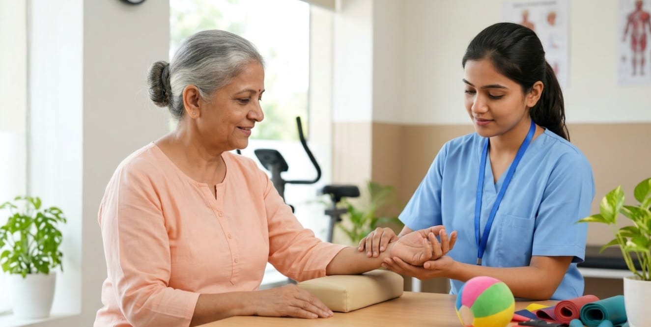 Physiotherapist checking an elderly patient's wrist and hand during a rehabilitation assessment