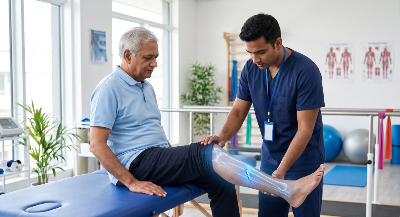 Physiotherapist examining an elderly patient's leg, with the bone structure highlighted to show a fracture during a recovery session