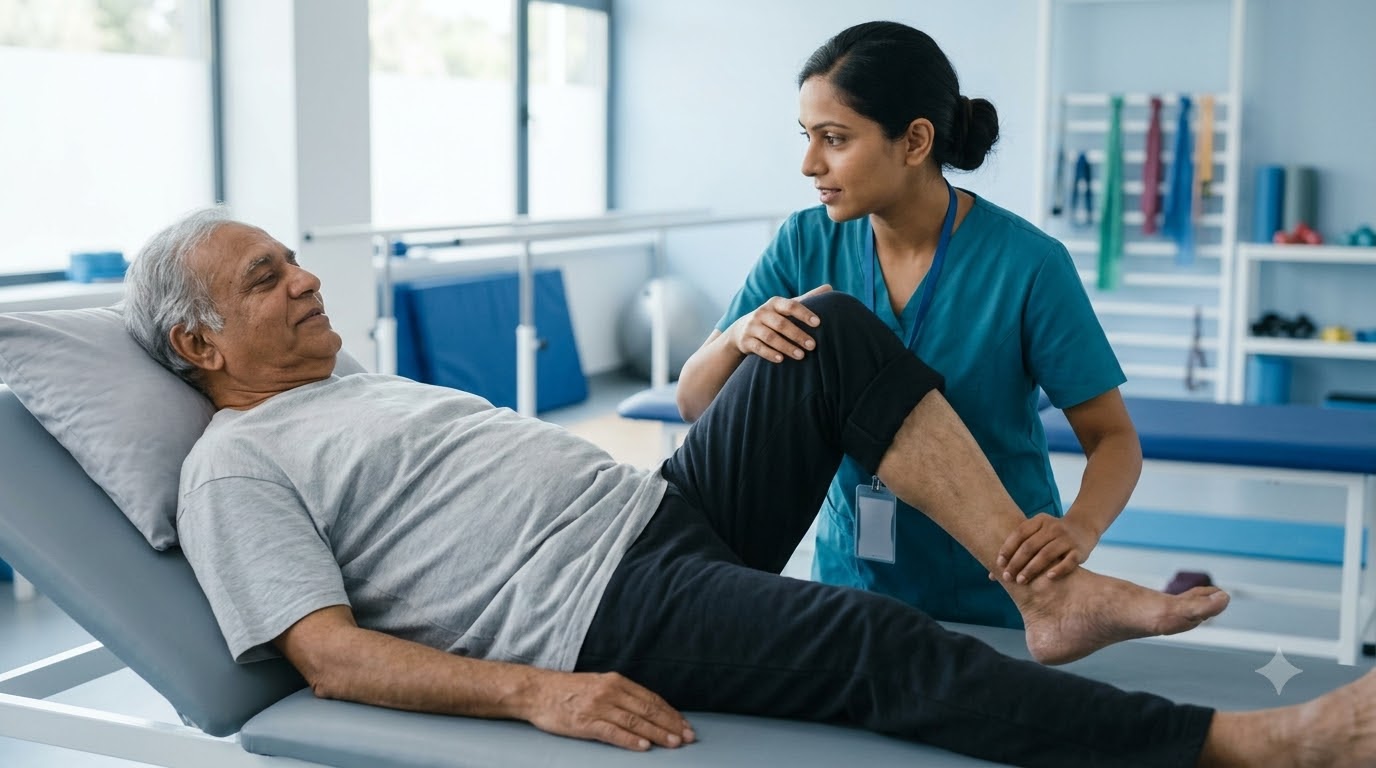 Physiotherapist assisting an elderly patient with a guided knee-bending exercise on a treatment table during knee replacement rehabilitation
