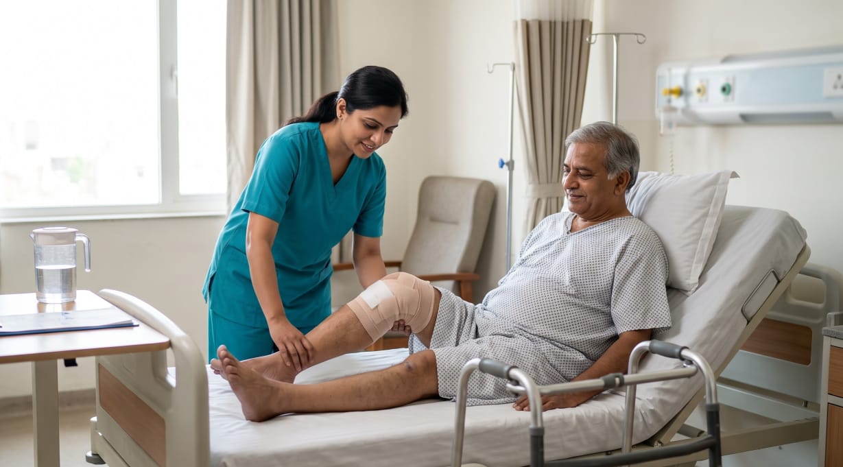 Nurse checking a bandaged knee and reviewing post-surgical recovery with a patient seated in a hospital bed beside a walker