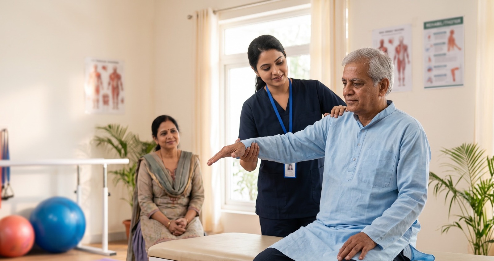 Physiotherapist guiding an older patient through an arm-raising exercise while a family member watches