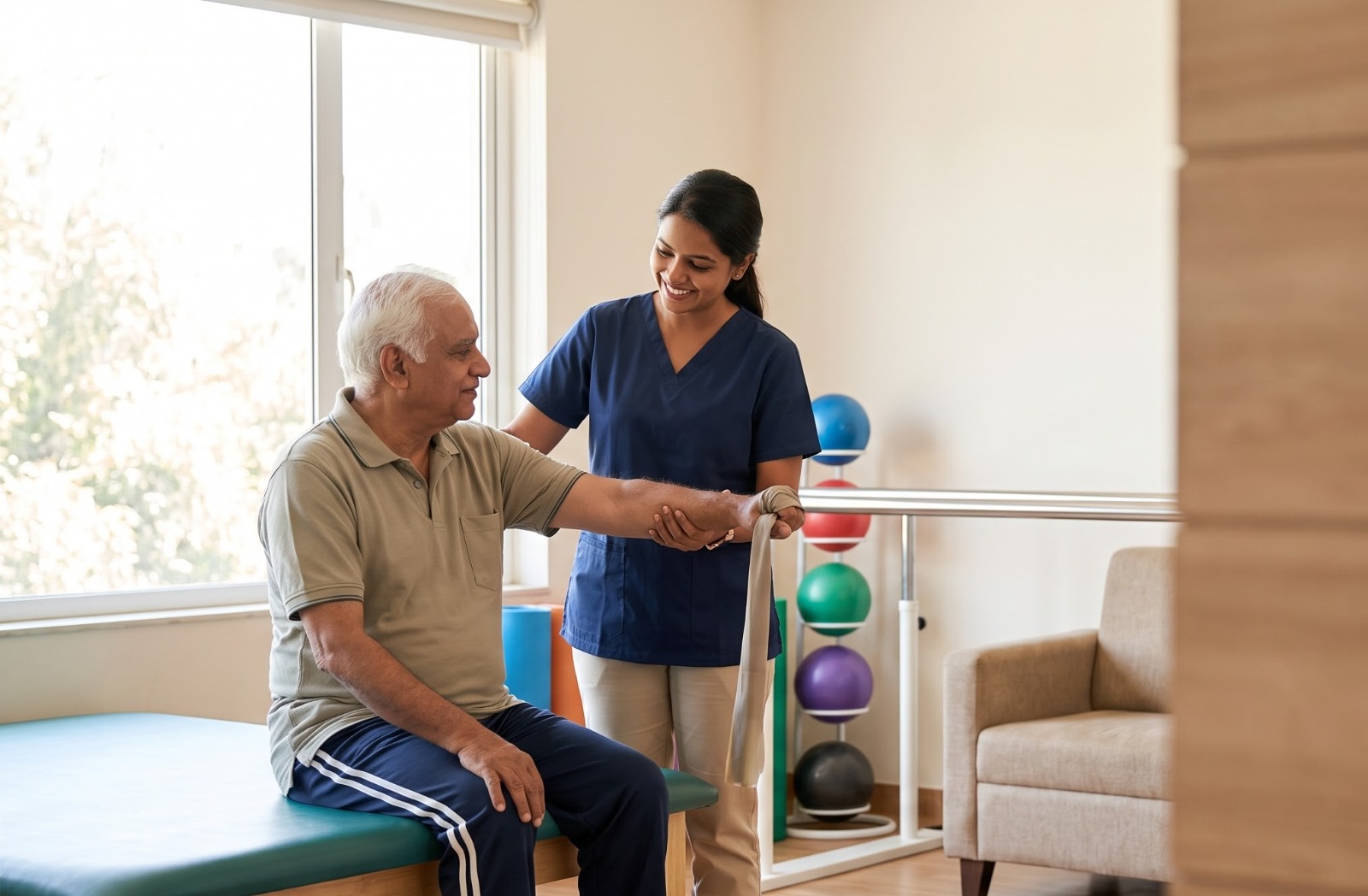 Physiotherapist guiding a patient through a resistance-band strengthening exercise