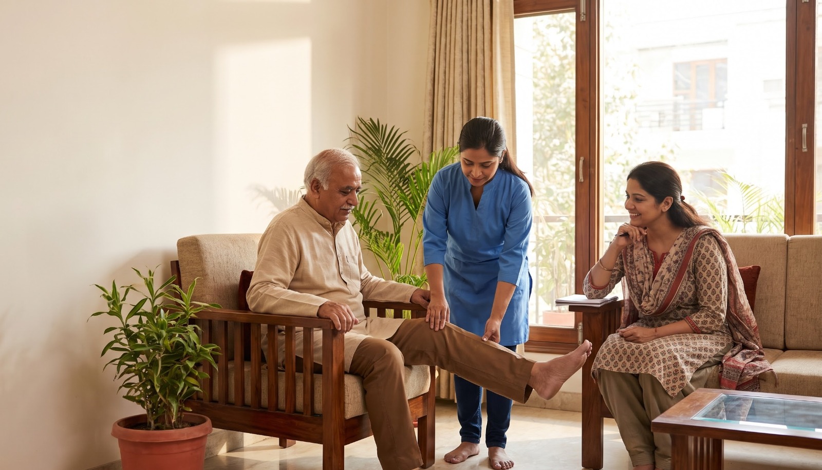 Physiotherapist helping an elderly man raise his leg while a family member looks on at home