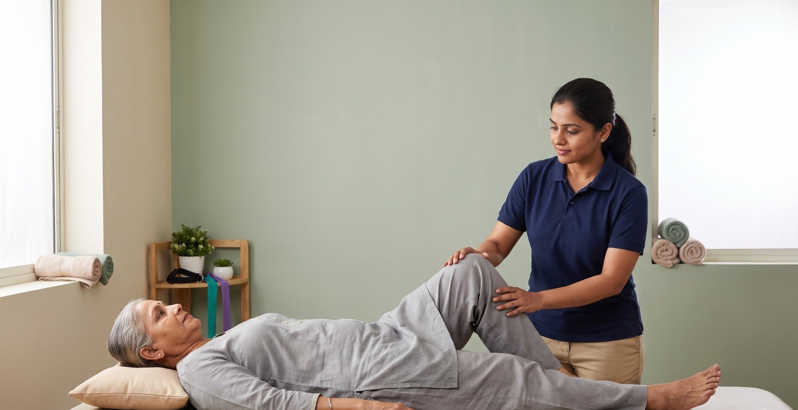 Physiotherapist guiding an elderly woman through a hip and knee stretch during a clinic session