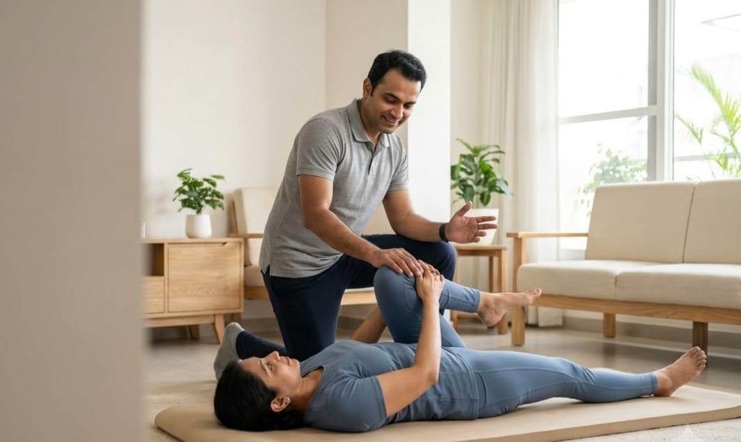 Physiotherapist helping a patient gently bring one knee toward the chest to ease sciatic pain