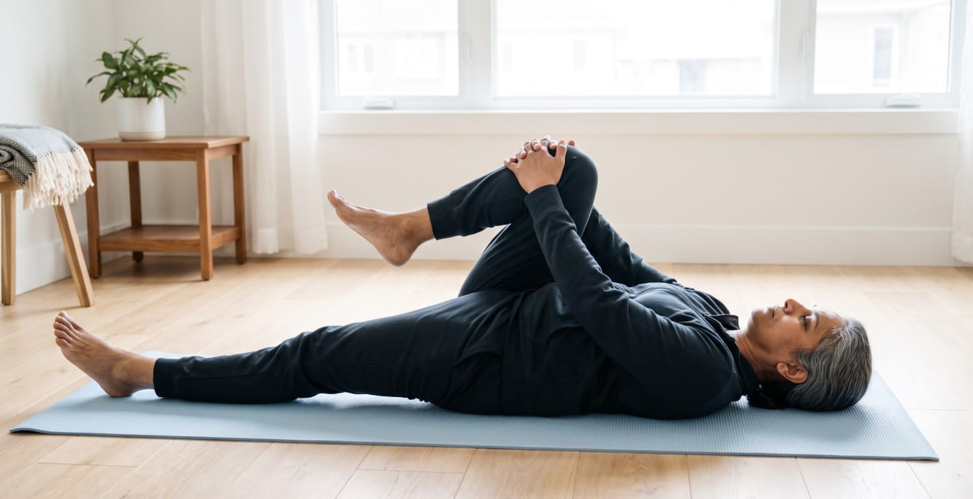 Person lying on a mat at home bringing one knee toward the chest as part of the knee to chest exercise
