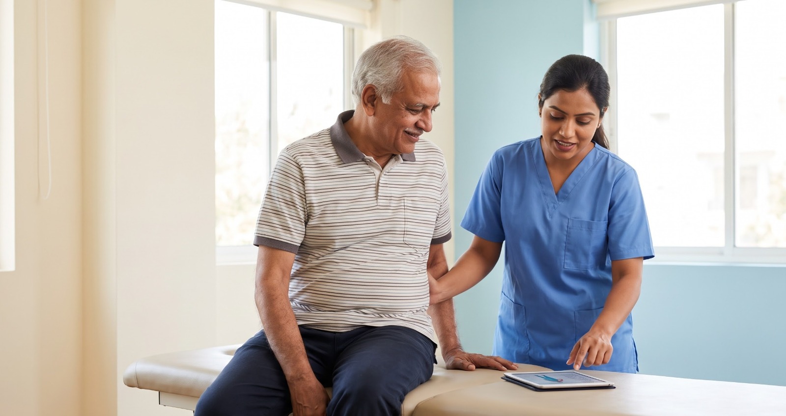 Physiotherapist reviewing an elderly patient's assessment on a tablet during a clinic visit