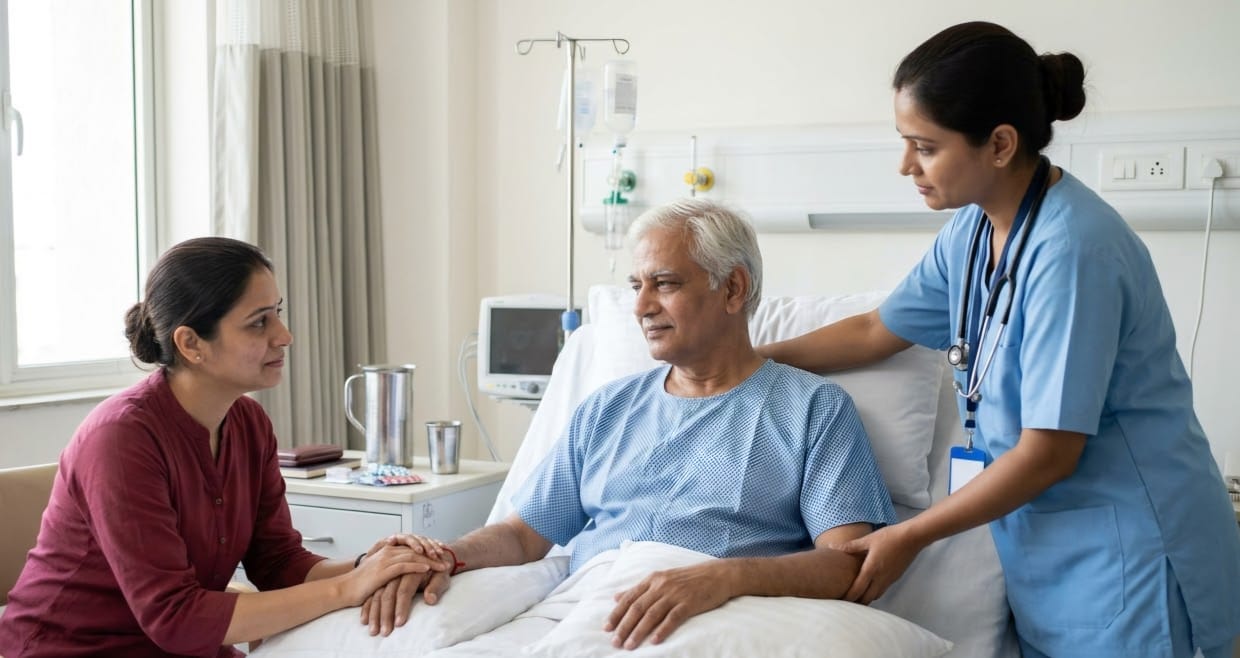 Family member holding a stroke patient's hand while a nurse attends to them in a hospital recovery room