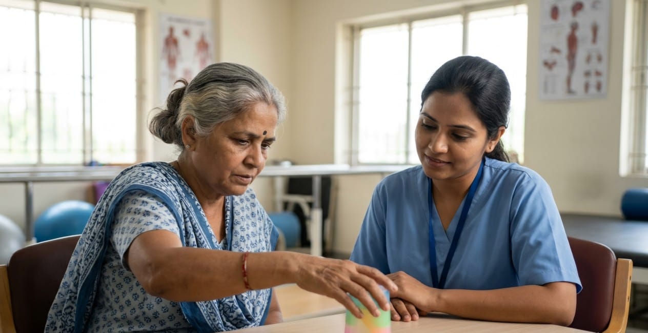 Nurse guiding an elderly stroke patient through a hand and cognitive rehabilitation exercise with stacking blocks